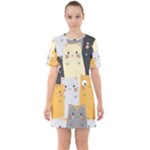 Seamless Pattern Cute Cat Cartoons Sixties Short Sleeve Mini Dress