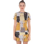 Seamless Pattern Cute Cat Cartoons Drop Hem Mini Chiffon Dress