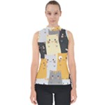Seamless Pattern Cute Cat Cartoons Mock Neck Shell Top