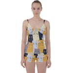 Seamless Pattern Cute Cat Cartoons Tie Front Two Piece Tankini