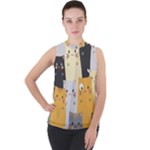 Seamless Pattern Cute Cat Cartoons Mock Neck Chiffon Sleeveless Top