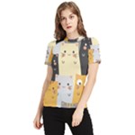Seamless Pattern Cute Cat Cartoons Women s Short Sleeve Rash Guard