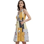 Seamless Pattern Cute Cat Cartoons Sleeveless V-Neck Skater Dress with Pockets