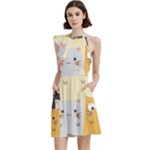Seamless Pattern Cute Cat Cartoons Cocktail Party Halter Sleeveless Dress With Pockets