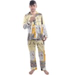 Seamless Pattern Cute Cat Cartoons Men s Long Sleeve Satin Pajamas Set