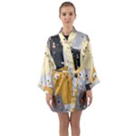 Seamless Pattern Cute Cat Cartoons Long Sleeve Satin Kimono