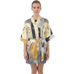 Seamless Pattern Cute Cat Cartoons Half Sleeve Satin Kimono 