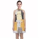 Seamless Pattern Cute Cat Cartoons Velvet Halter Neckline Dress 