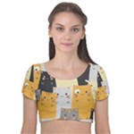 Seamless Pattern Cute Cat Cartoons Velvet Short Sleeve Crop Top 