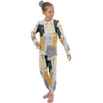 Seamless Pattern Cute Cat Cartoons Kids  Long Sleeve Set 