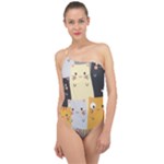 Seamless Pattern Cute Cat Cartoons Classic One Shoulder Swimsuit