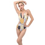Seamless Pattern Cute Cat Cartoons Plunging Cut Out Swimsuit