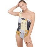 Seamless Pattern Cute Cat Cartoons Frilly One Shoulder Swimsuit