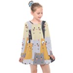 Seamless Pattern Cute Cat Cartoons Kids  Long Sleeve Dress