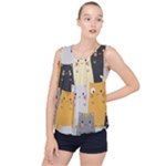 Seamless Pattern Cute Cat Cartoons Bubble Hem Chiffon Tank Top