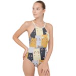Seamless Pattern Cute Cat Cartoons High Neck One Piece Swimsuit