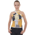 Seamless Pattern Cute Cat Cartoons Cross Neck Velour Top