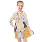 Seamless Pattern Cute Cat Cartoons Kids  Quarter Sleeve Shirt Dress
