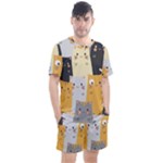 Seamless Pattern Cute Cat Cartoons Men s Mesh T-Shirt and Shorts Set