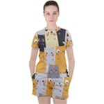 Seamless Pattern Cute Cat Cartoons Women s T-Shirt and Shorts Set