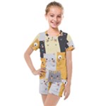 Seamless Pattern Cute Cat Cartoons Kids  Mesh T-Shirt and Shorts Set