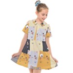 Seamless Pattern Cute Cat Cartoons Kids  Short Sleeve Shirt Dress