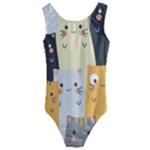 Seamless Pattern Cute Cat Cartoons Kids  Cut-Out Back One Piece Swimsuit