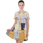 Seamless Pattern Cute Cat Cartoons Short Sleeve Shoulder Cut Out Dress 