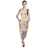 Seamless Pattern Cute Cat Cartoons Quarter Sleeve Midi Velour Bodycon Dress