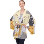 Seamless Pattern Cute Cat Cartoons Long Sleeve Velvet Kimono 