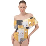 Seamless Pattern Cute Cat Cartoons Off Shoulder Velour Bodysuit 
