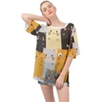 Seamless Pattern Cute Cat Cartoons Oversized Chiffon Top