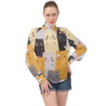 Seamless Pattern Cute Cat Cartoons High Neck Long Sleeve Chiffon Top