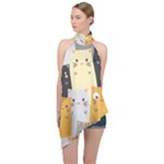 Seamless Pattern Cute Cat Cartoons Halter Asymmetric Satin Top