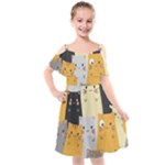 Seamless Pattern Cute Cat Cartoons Kids  Cut Out Shoulders Chiffon Dress