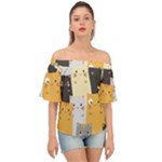 Seamless Pattern Cute Cat Cartoons Off Shoulder Short Sleeve Top