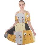 Seamless Pattern Cute Cat Cartoons Cut Out Shoulders Chiffon Dress