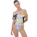 Seamless Pattern Cute Cat Cartoons Frill Detail One Piece Swimsuit