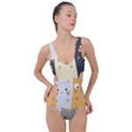 Seamless Pattern Cute Cat Cartoons Side Cut Out Swimsuit