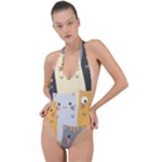 Seamless Pattern Cute Cat Cartoons Backless Halter One Piece Swimsuit