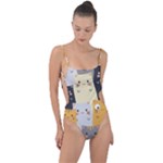 Seamless Pattern Cute Cat Cartoons Tie Strap One Piece Swimsuit