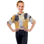 Seamless Pattern Cute Cat Cartoons Kids Mock Neck T-Shirt