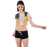 Seamless Pattern Cute Cat Cartoons Tie Back Short Sleeve Crop T-Shirt