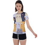 Seamless Pattern Cute Cat Cartoons Back Circle Cutout Sports T-Shirt