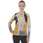 Seamless Pattern Cute Cat Cartoons Women s Pique Long Sleeve T-Shirt