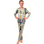 Seamless Pattern Cute Cat Cartoons Kids  Satin Long Sleeve Pajamas Set