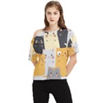 Seamless Pattern Cute Cat Cartoons One Shoulder Cut Out T-Shirt