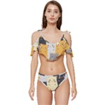 Seamless Pattern Cute Cat Cartoons Ruffle Edge Tie Up Bikini Set	