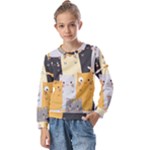 Seamless Pattern Cute Cat Cartoons Kids  Long Sleeve T-Shirt with Frill 
