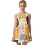Seamless Pattern Cute Cat Cartoons Kids  Pilgrim Collar Ruffle Hem Dress
